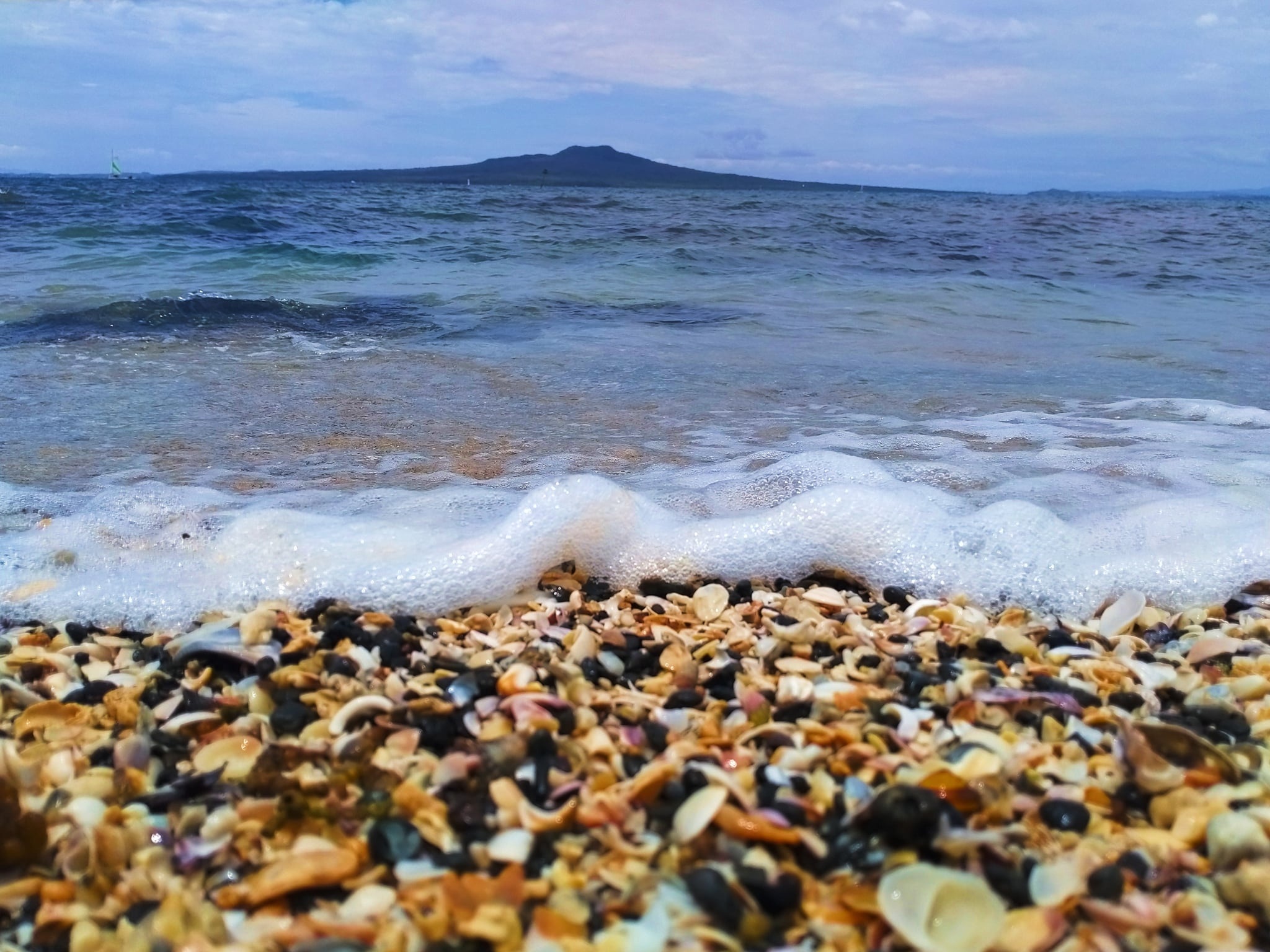 Shells and sea foam at the water's edge with a volcanic island on the horizon