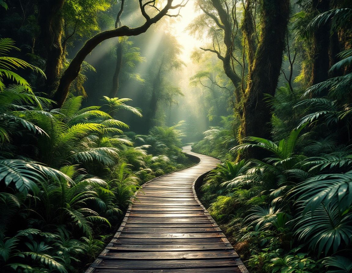 A timber boardwalk winding forward through New Zealand native bush in morning light
