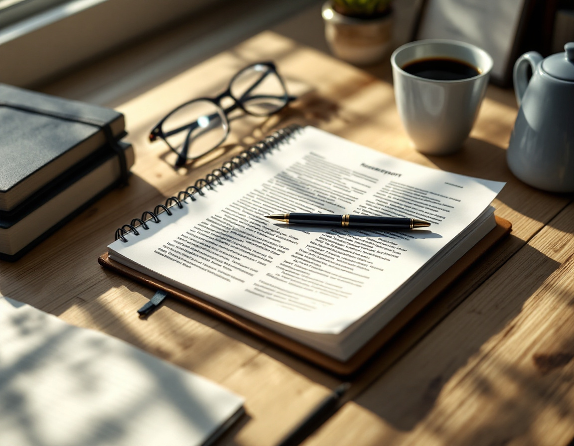 An open research report and notebook on a desk in soft morning light