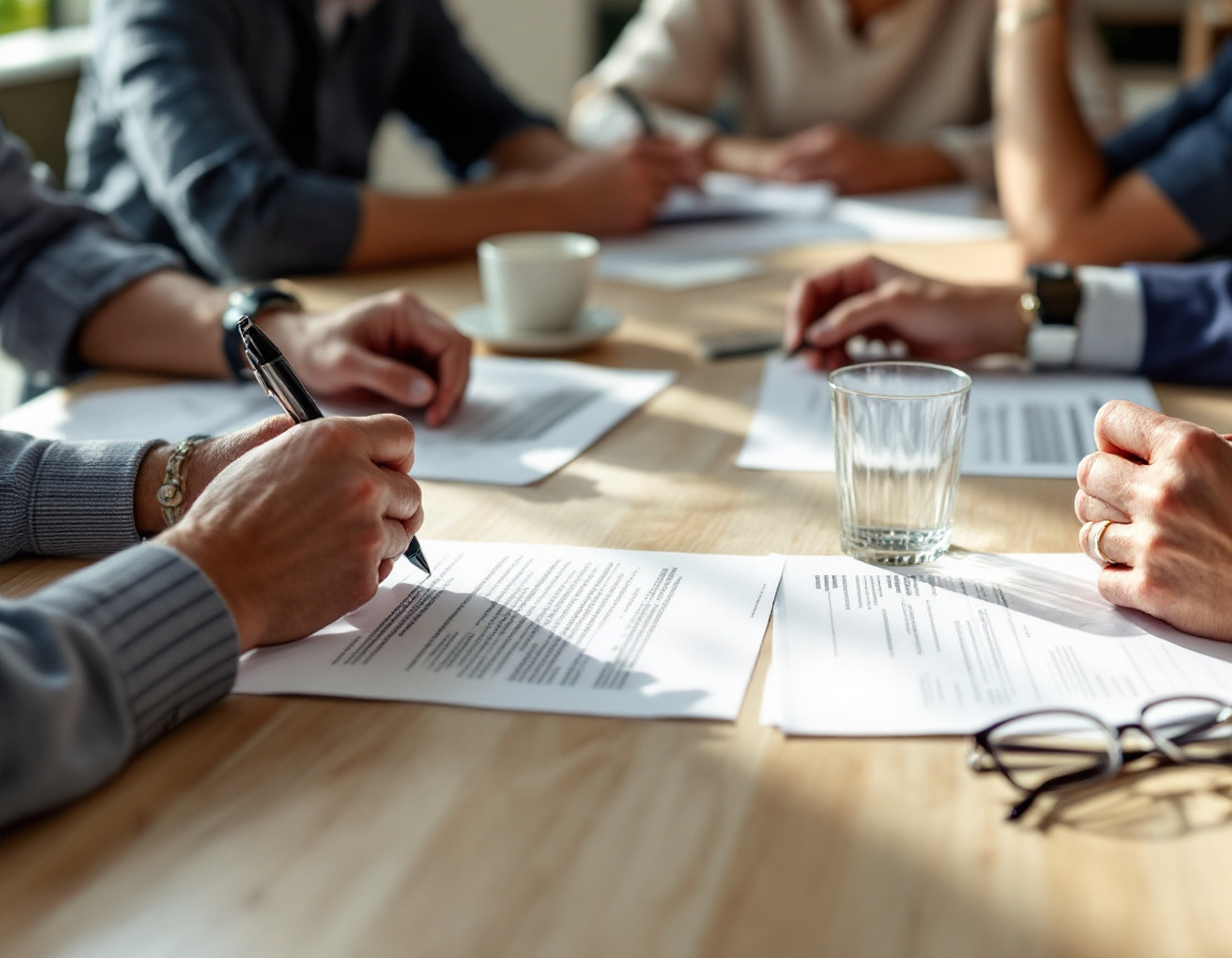 Hands and printed documents on a board table during a governance meeting