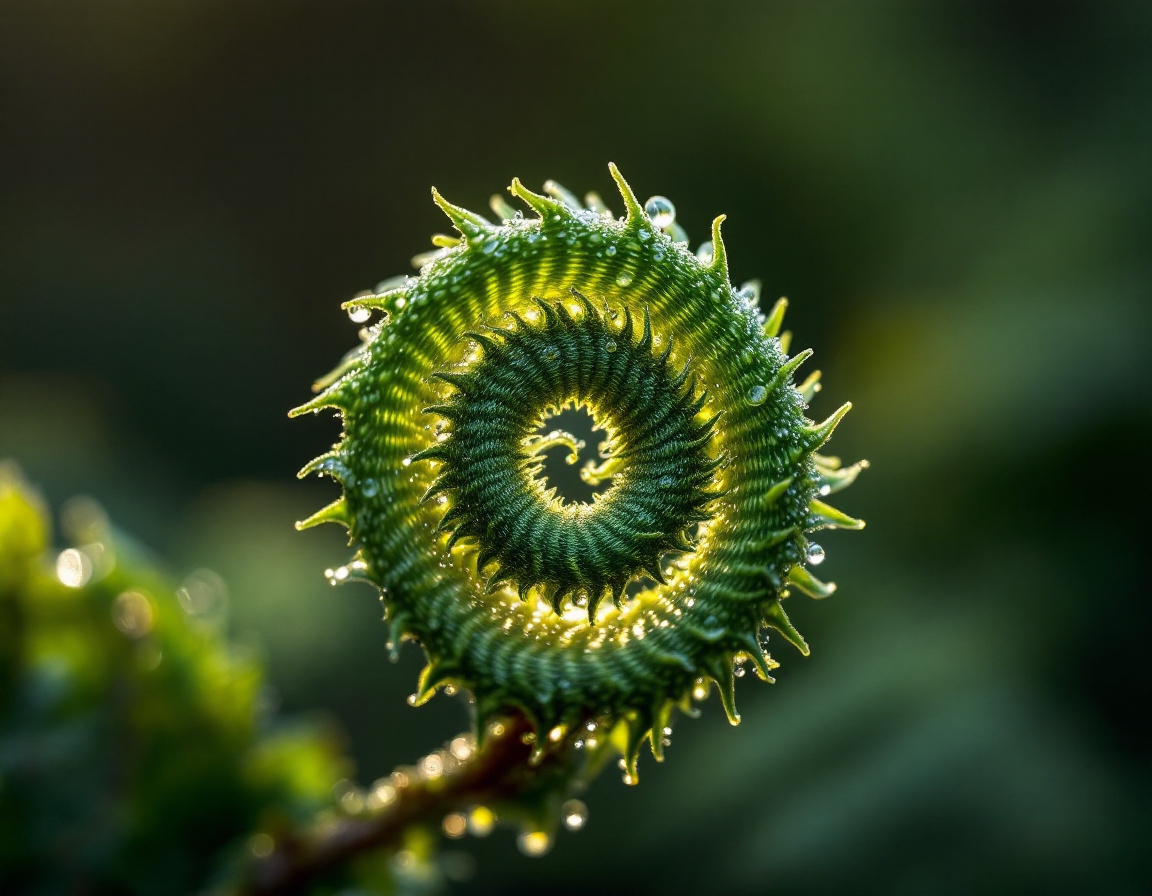 An unfurling silver fern koru catching morning light in New Zealand native bush