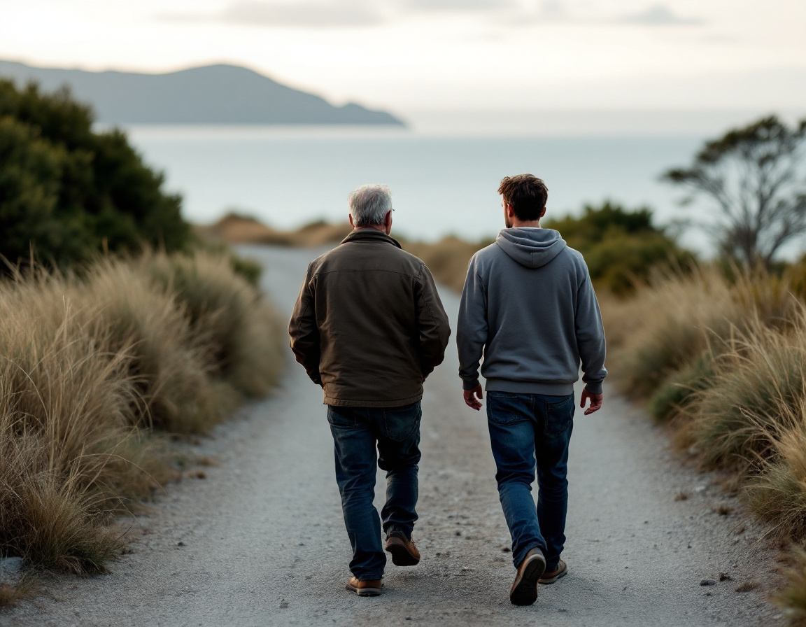 Two people walking side by side along a coastal path in conversation
