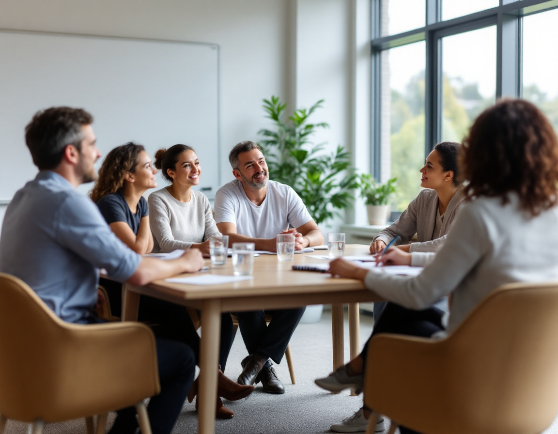 A cross-sector working group meeting around a table in a community room