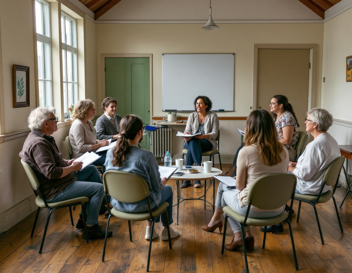 A small practitioner training workshop seated in a semicircle in a community hall