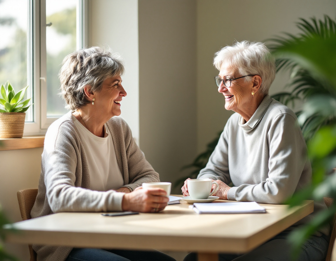 Two people in unhurried conversation over cups of tea in a community space